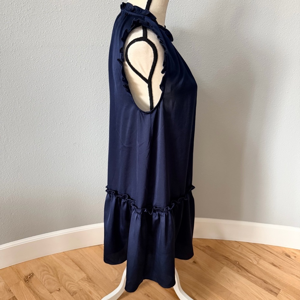 Halogen Ruffle Trim Button Down Satin Dress Classic Navy Blue Size Medium - Picture 6 of 13